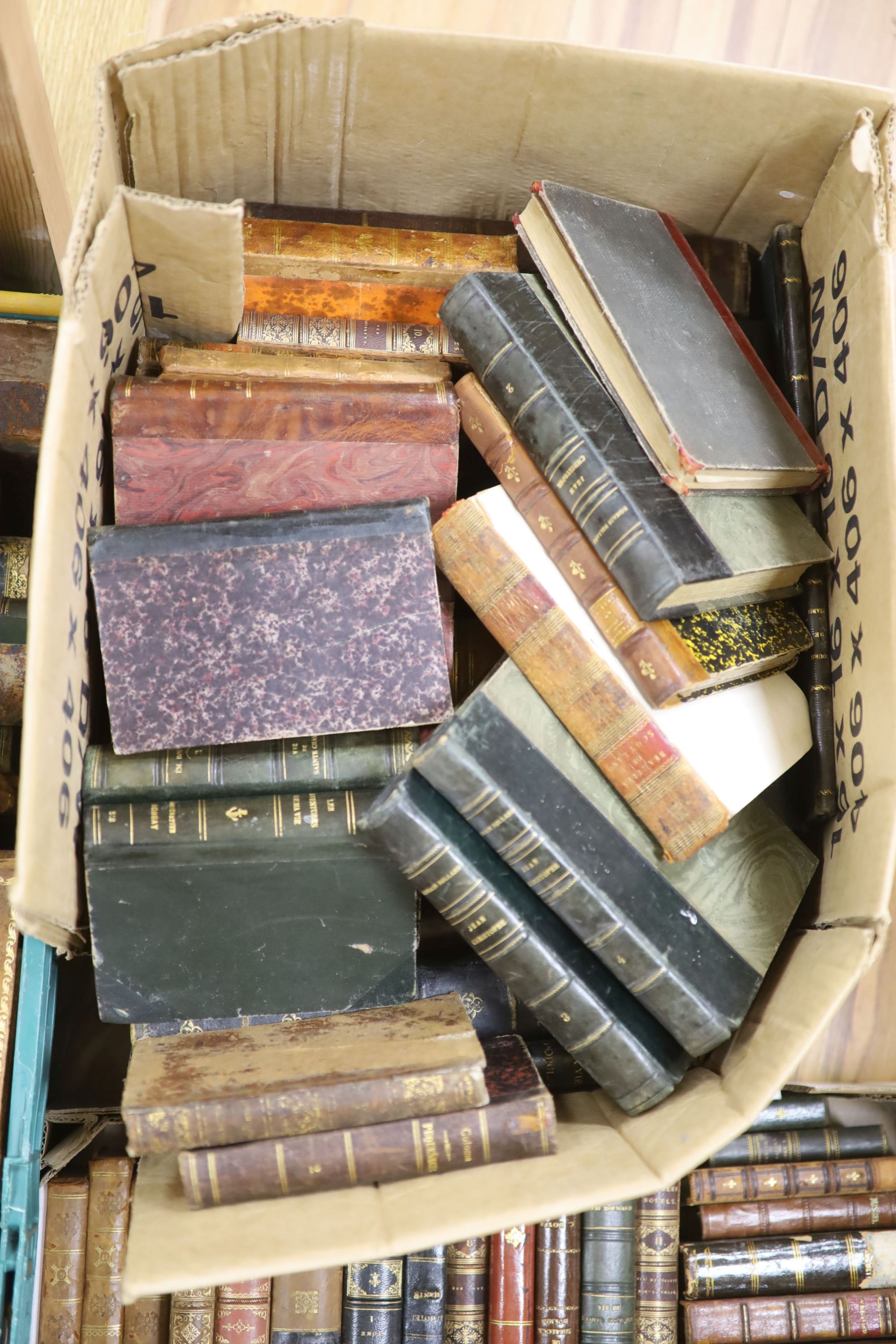 Three boxes of various decorative bindings